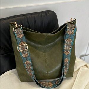 Olive Green Tote Bag with Patterned Strap